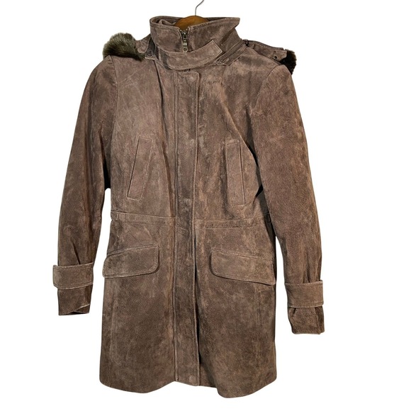 Bgsd Jackets & Blazers - BGSD Womens Brown Suede Parka Jacket Fur Trim Hood Quilted Lined Coat M